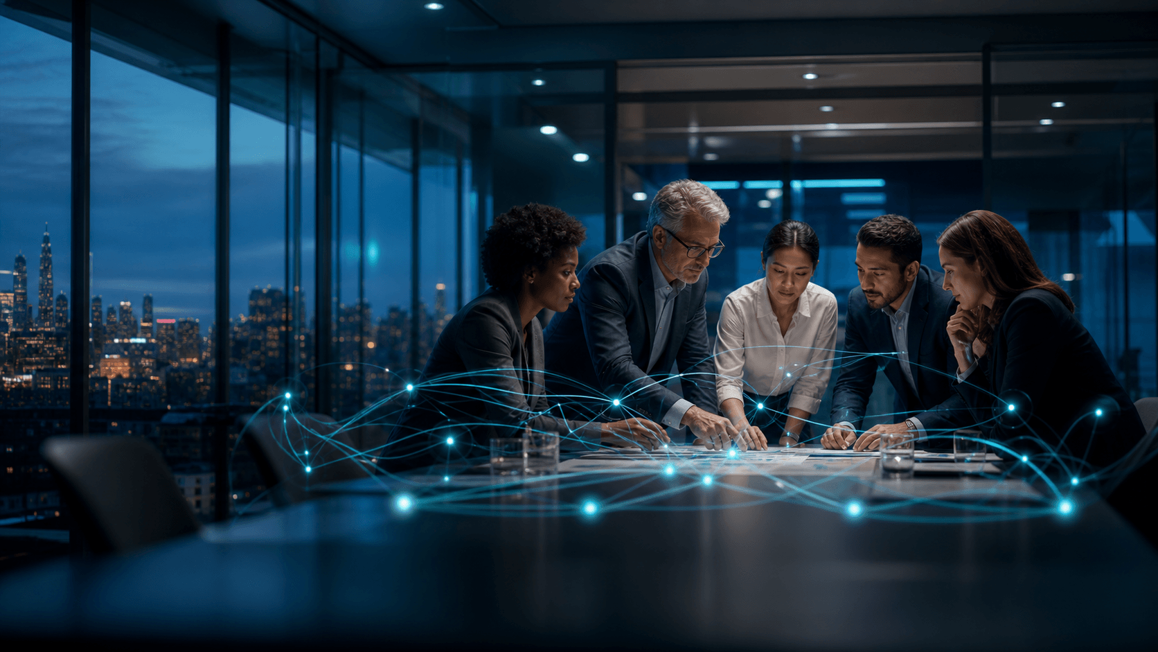 Equipo directivo colaborando con una red de agentes de inteligencia artificial